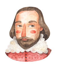 Watercolor cartoon portrait of English author William Shakespeare isolated on white background