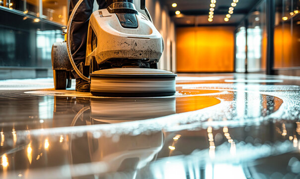 Professional janitorial staff using an industrial floor buffer machine for cleaning and polishing the hallway of a modern corporate or commercial building