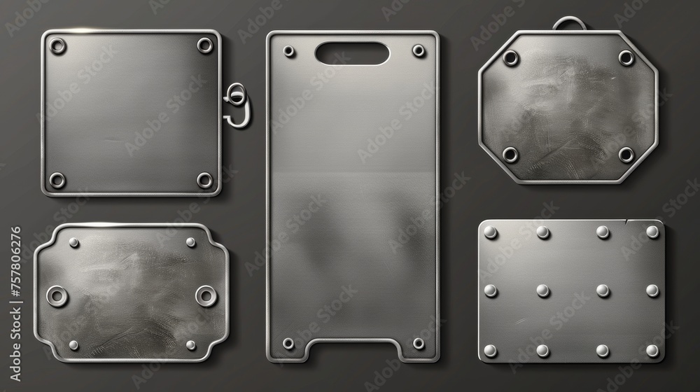 Poster a realistic modern set of aluminum nameplates or boards with screws on a chrome surface. a set of em