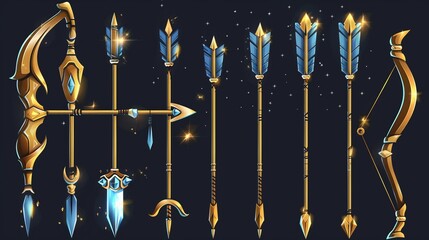 Modern cartoon illustration of a golden bow and arrow set with a shiny bowstring and handle decorated with blue gemstones, medieval game rank assets. - obrazy, fototapety, plakaty