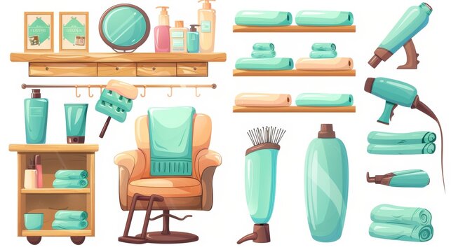 The beauty parlor design elements set is isolated on white background, featuring a hairdresser's armchair, hair dryer and dye, clean towels on a shelf, shampoo bottle, and posters with haircuts.
