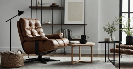 Contemporary tranquility Leather tufted recliner against a white wall, capturing the essence of Scandinavian home design