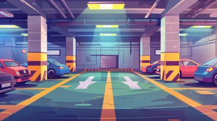 Fototapeten A cartoon illustration showing parked automobiles in a basement parking lot with a concrete floor and columns. Public garage for transportation. © Mark