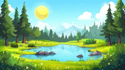 Cartoon summer natural landscape with lake or river in forest on sunny day. Modern illustration of spring scenery with blue water in pond, green grass and pine trees, sun on skies.