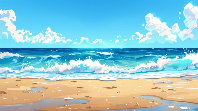 This illustration depicts a sandy beach with blue water, wave foam, and a sunny day in the afternoon. It is a modern illustration of a summer landscape showing a seashore with empty sand and sky with
