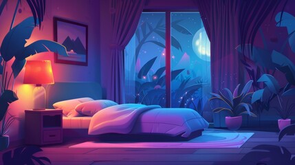 A cartoon modern illustration of a girly room with furniture and decoration for sleeping at dusk in a dark empty home. Nighttime bedroom with bed and lamp on nightstand, large window and plants. - obrazy, fototapety, plakaty