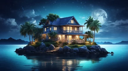 Schilderijen op glas tropical island with trees at moony night © Maroo