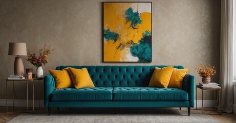 Loft-style living space Stylish dark turquoise tufted sofa with vibrant yellow pillows against a beige stucco wall, showcasing an abstract art poster frame