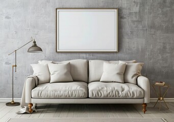 modern living room interior design. Sofa against texture wall with frame poster. Clean home interior.