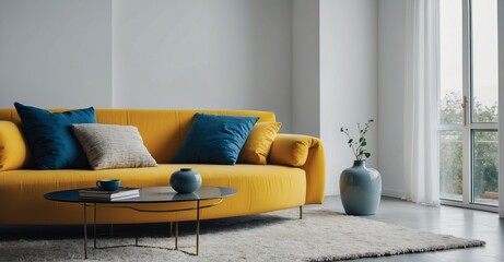 Minimalist living room Close-up of a yellow curved sofa with blue pillows against a white wall, providing copy space in a modern home interior