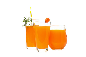 PNG, carrot juice is poured into a glass, isolated on a white background.