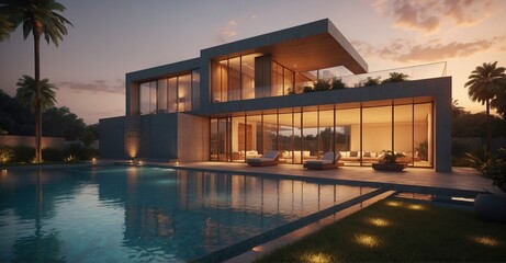 Obraz na płótnie Canvas Minimalist luxury Sunset ambiance enhances the modern exterior of a cubic villa with a serene swimming pool