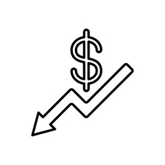 Dollar down icon vector illustration. Money decrease on isolated background. Cost reduction sign concept.