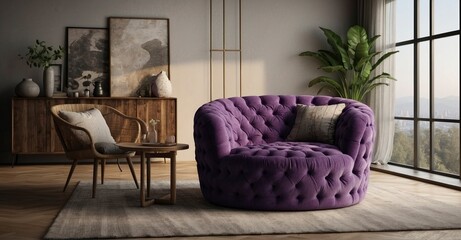 Modern boho living room Purple tufted snuggle chair adds a vibrant touch to the home interior design