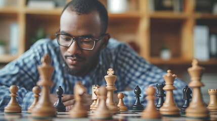 An afro-haired man dressed casually was playing chess in a quiet and bright room. His facial expression was full of concentration and focus as he thought about his next move in the game.