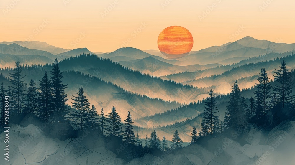 Poster art background with modern curve pattern. vintage style mountain forest banner design. hand drawn li