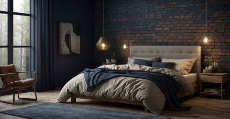 Modern Scandinavian bedroom Bed with beige bedding against a dark blue and brick wall, blending coziness and style.