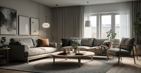 Nordic elegance Stylish interior design of a modern living room in a Scandinavian studio apartment, exuding simplicity and sophistication - obrazy, fototapety, plakaty