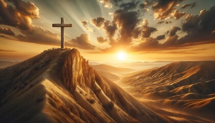 Realistic illustration of a wooden cross standing on a hill for good friday. - obrazy, fototapety, plakaty