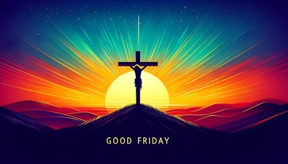 Good friday illustration with silhouette of jesus on cross. - obrazy, fototapety, plakaty