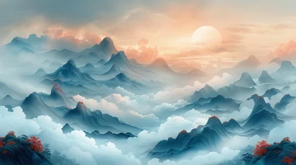 Fotobehang In this abstract landscape pattern modern, the wave pattern is represented by Chinese waves and clouds. © Mark