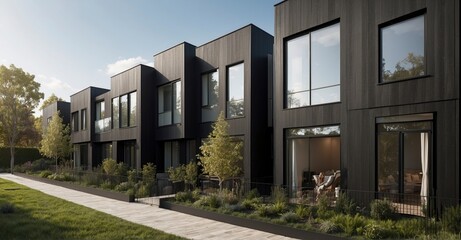 Fototapeta na wymiar Residential innovation Private black townhouses with a modern modular design