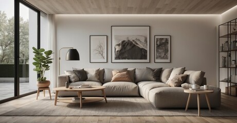 Obraz premium Scandinavian chic Modern living room with a curved loveseat against a white wall featuring frames