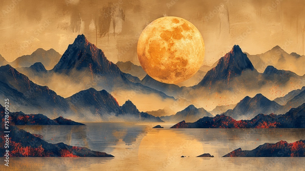 Poster Circle shape in gold with mountain landscape pattern in vintage style. Abstract art banner design in Japanese style with moon element modern.