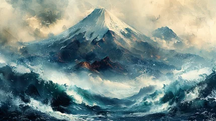 Fotobehang The Fuji mountains and clouds with black texture are in a vintage style. This is an abstract art landscape with mountains and sea with hand drawn waves. © Mark