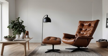 Sleek and stylish Leather tufted recliner chair against a white wall in a modern Scandinavian living room