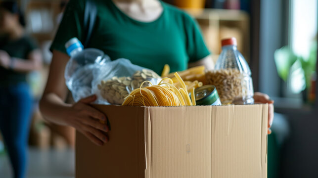 A Volunteer Holding A Box Filled With Nonperishable Food Items For Donation, Symbolizing Community Support And Charity.