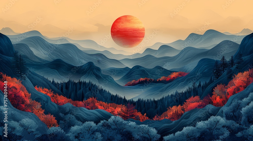 Poster A beautiful abstract background with curve patterns. A mountain forest banner design in a vintage style. A hand drawn line wave pattern in a luxurious style.