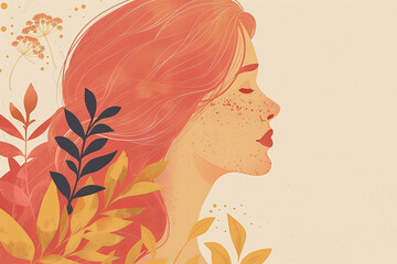 profile of a red-haired girl with freckles. the woman closed her eyes and meditated. mental health postcard.