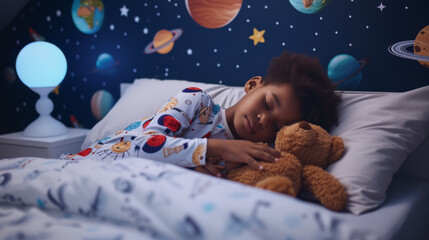 A child is sleeping peacefully in bed, hugging a teddy bear, with space-themed wallpaper of stars...
