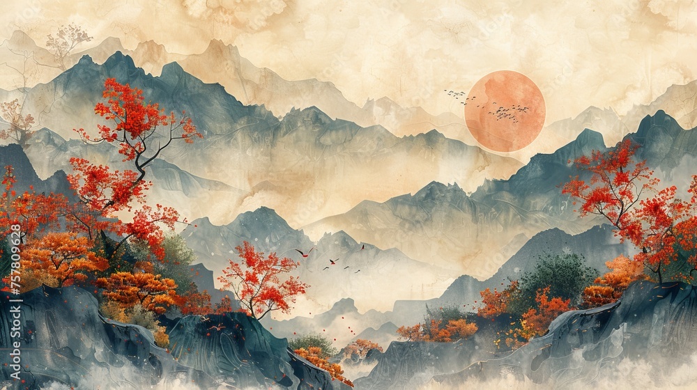 Poster landscape template with geometric pattern and japanese background. handdrawn wave modern with curve 