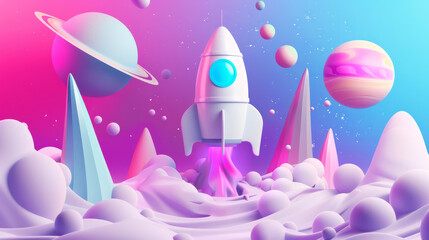 Colorful 3D space scene with abstract dimensions and rocket
