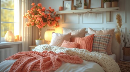 modern design stylish bedroom with panoramic window, bad, posters and plants. Interior design, render model. Cozy room in yellow orange and fuzzy peach colors. Cute room for couple or teenager.