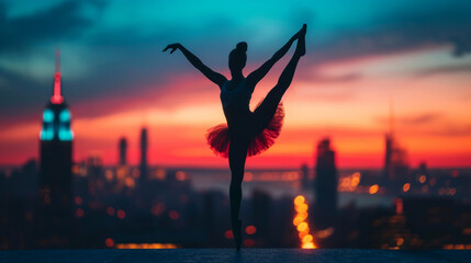 Graceful ballet dancer silhouette against urban sunset skyline