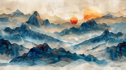 Fototapete Rund Chinese cloud decorations in vintage style with blue and brown watercolor textures. Abstract art landscape with hand-drawn wave elements. © Mark