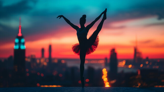 Graceful ballet dancer silhouette against urban sunset skyline