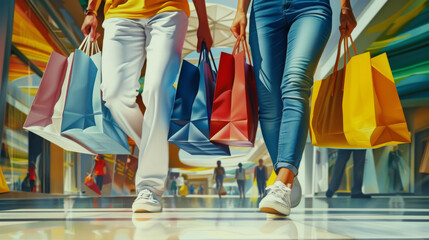 Two people holding hands and carrying vibrant shopping bags are walking through a shopping mall, showcasing a close-up of their lower half in trendy casual wear.