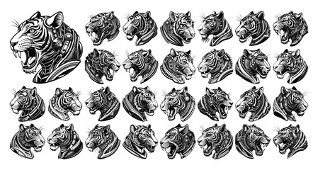 Bundle of side view tiger cyborg head illustration design