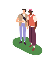People stand on grass together outdoor. Friends meeting, chat in park. Young man with waist bag communicates with guy in hat during summer walk. Flat isolated vector illustration on white background