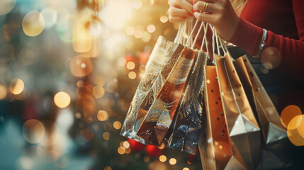 A close-up of a person's arm holding several colorful striped shopping bags, set against a vividly glowing, bokeh-light background. - obrazy, fototapety, plakaty