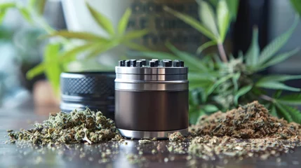 Foto op Plexiglas Sleek portable cannabis grinder on a reflective surface next to ground weed © Robert Kneschke
