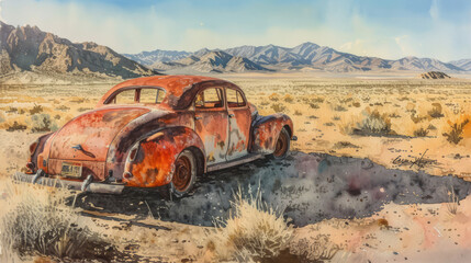 Vintage car abandoned in desert landscape, artistic watercolor image