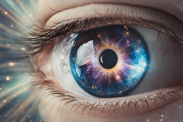 Woman galaxy in eye and outer space, Cosmic Reflection in Woman's Eye, Astronomy and Beauty Concept Woman with Galaxy Eye