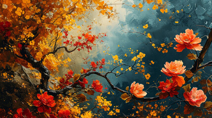 Vibrant Qajar art style abstract background with autumn colors - obrazy, fototapety, plakaty