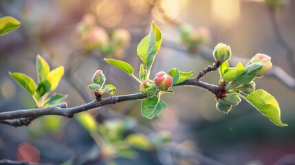 Apple tree branch with young buds
