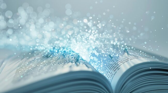 An open book with pages turning into digital particles, representing the evolution of knowledge and information technology.